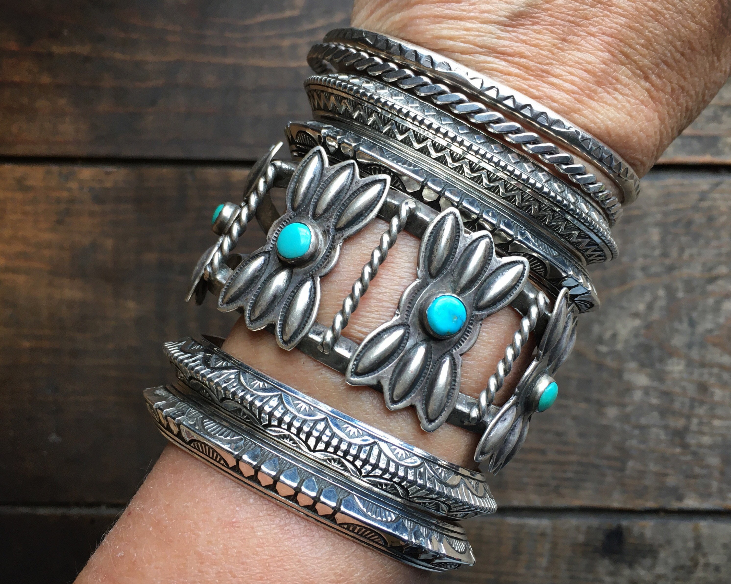 Turquoise Bow Tie Cuff Bracelet Sterling Silver Repousse Old Pawn