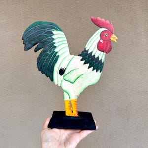 Vintage Painted Metal Art Rooster Statue, Farmhouse Decor, Outdoor Rock Garden Sculpture