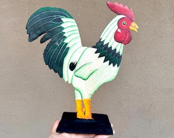 Vintage Painted Metal Art Rooster Statue, Farmhouse Decor, Outdoor Rock Garden Sculpture