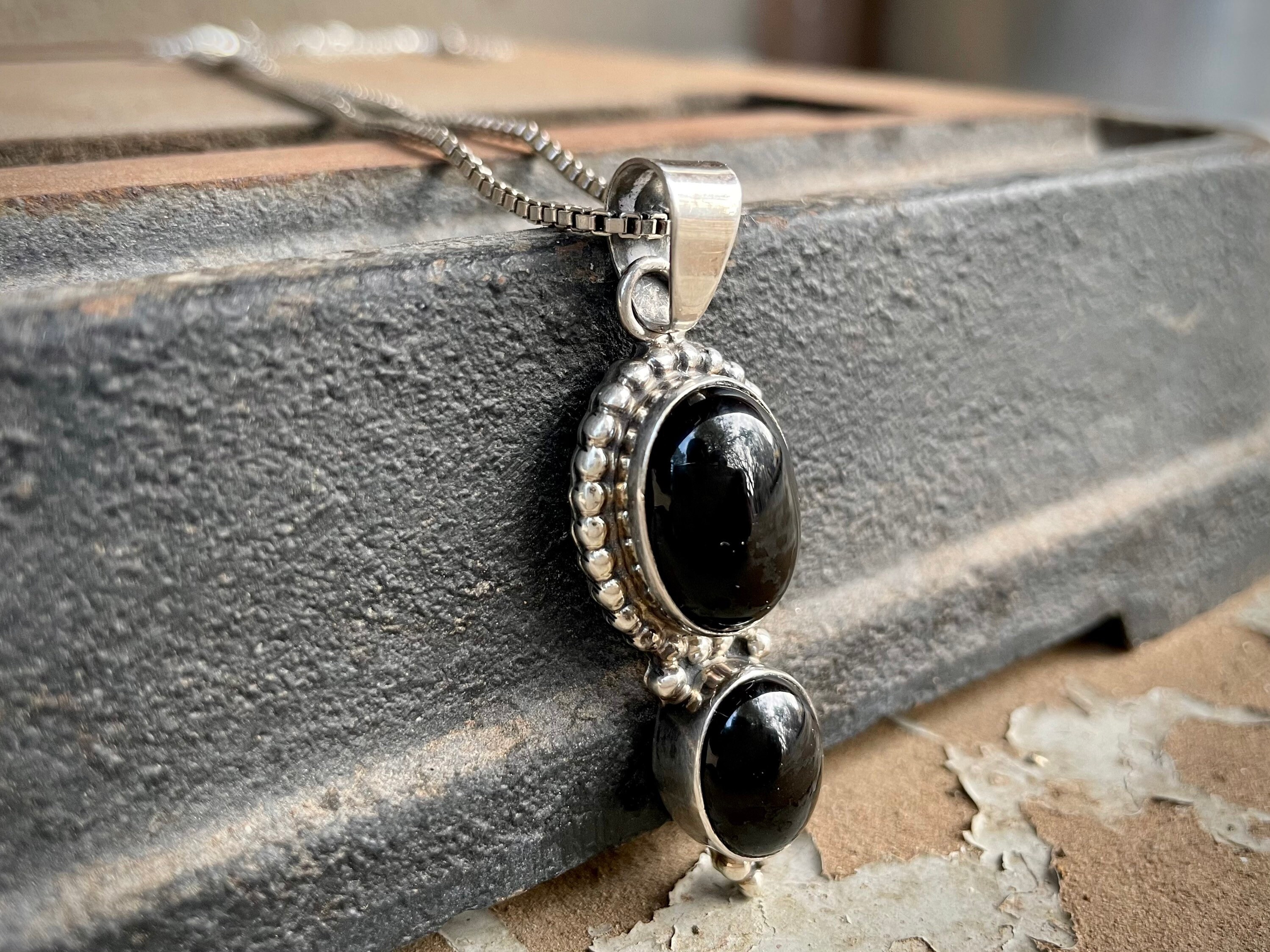 Vintage Sterling Silver Black Onyx Pendant Necklace by