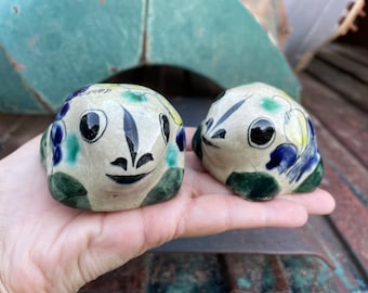 Pair of Vintage Tonala Pottery Small Frog Figurines, Mexican Folk Art Ceramic Frogs, Nature Lover Gift for Gardener, Birthday Gift Teen Girl
