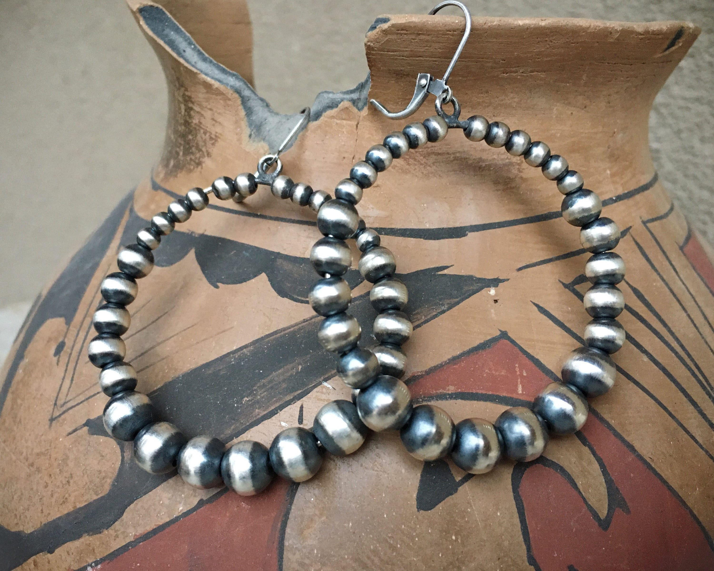 2 Navajo Pearl Sterling Silver Bead Hoop Earrings for Women, Native