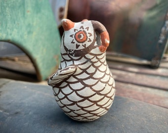Vintage Distressed Miniature Pottery Owlet Effigy Figurine, Possibly Zuni Nellie Bica Small Owl
