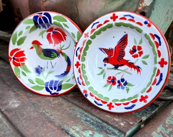 Two Vintage Enamelware Shallow Bowls with Bird Design, Approx 7" Diameter, Country Garden Decor