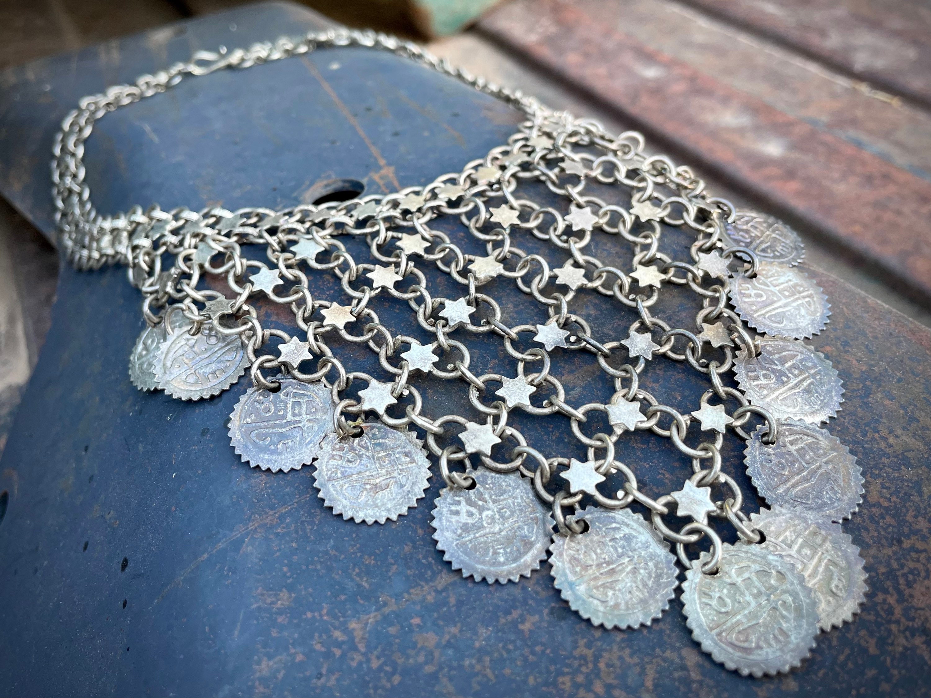 Vintage Silver Tone Tribal Necklace Chainmail with Coins, Gypsy Belly ...