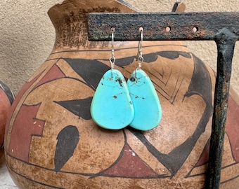 Simple Blue Turquoise Thin Slab Earrings, Southwestern Dangles, Native American Pueblo Jewelry