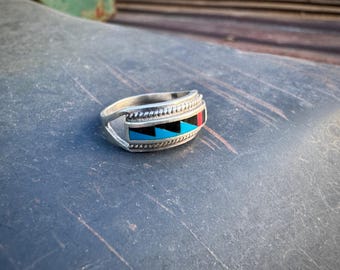 Dainty Turquoise Multistone Inlay Band Size 6.75, Vintage Native American Indian Jewelry