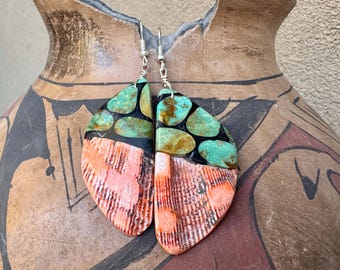 Turquoise Inlay on Spiny Oyster Shell Earrings, Dangle to 3", Santo Domingo Pueblo