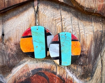 Multi-Color Turquoise Stone Shell Inlay Round Earrings, Kewa Torevia & Delbert Crespin