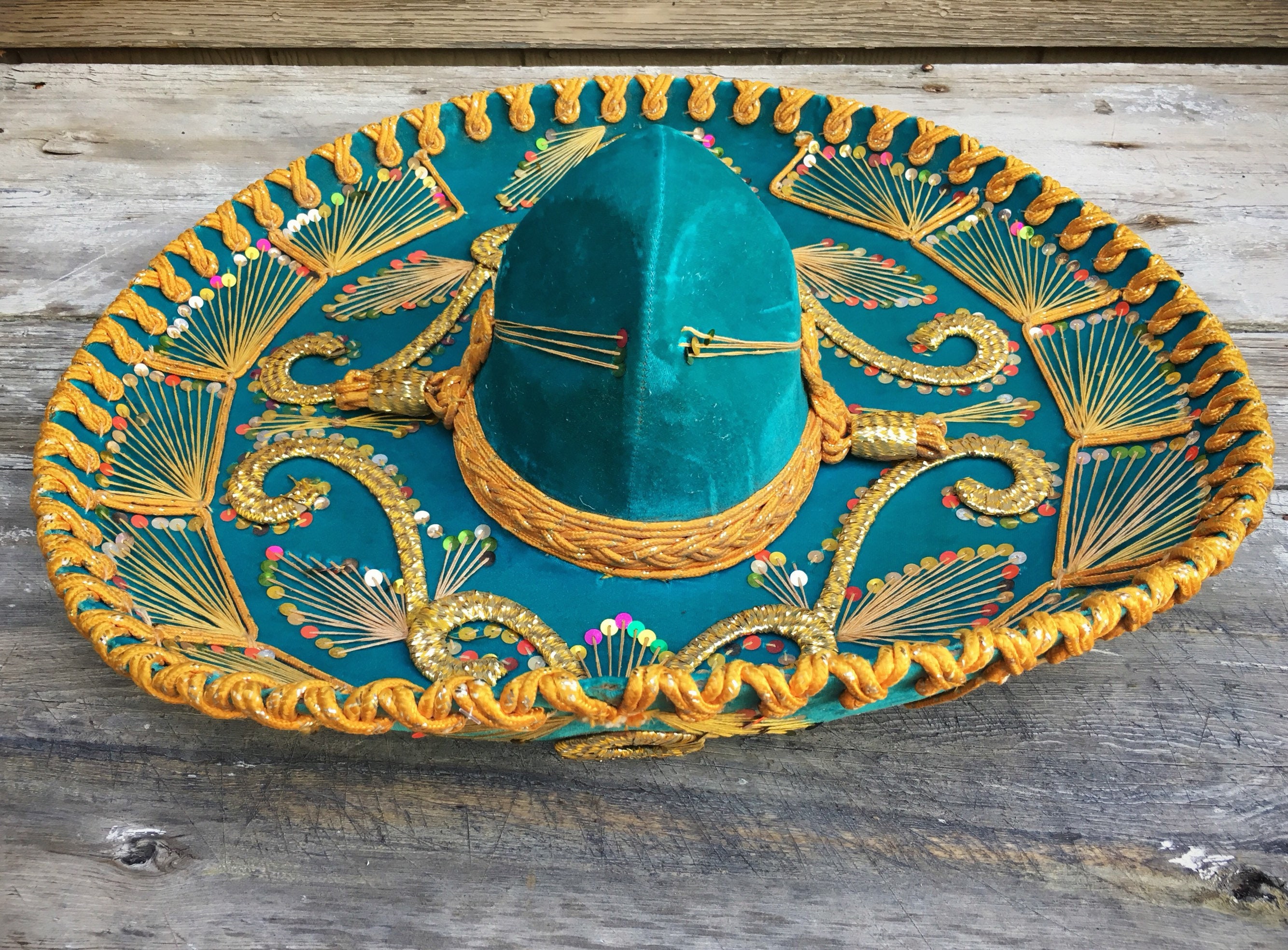 Authentic Large Mariachi Sombrero Hat Teal Blue Velvet With Golden 
