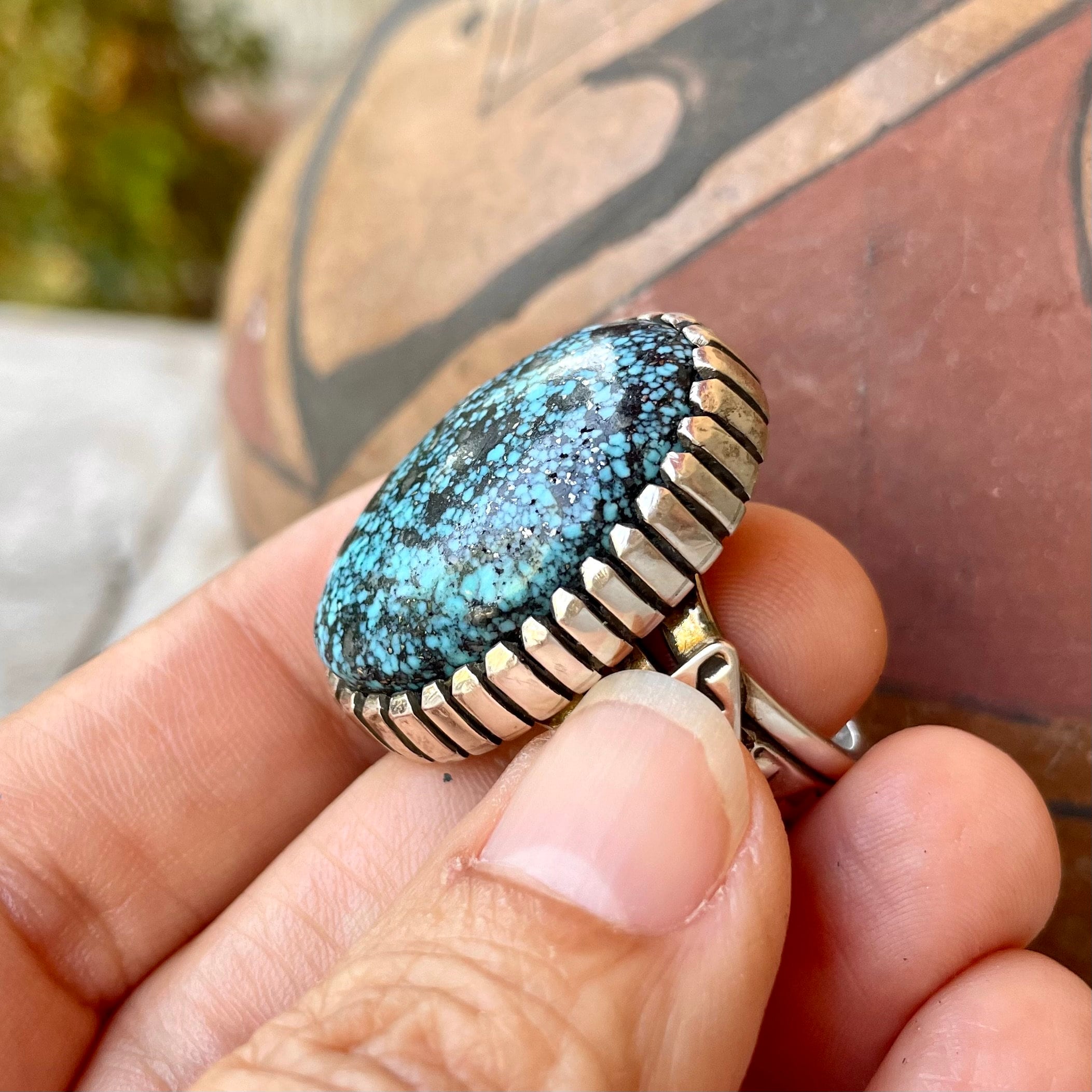 Navajo Landon Secatero Turquoise Oval Signet Ring Size 10.5