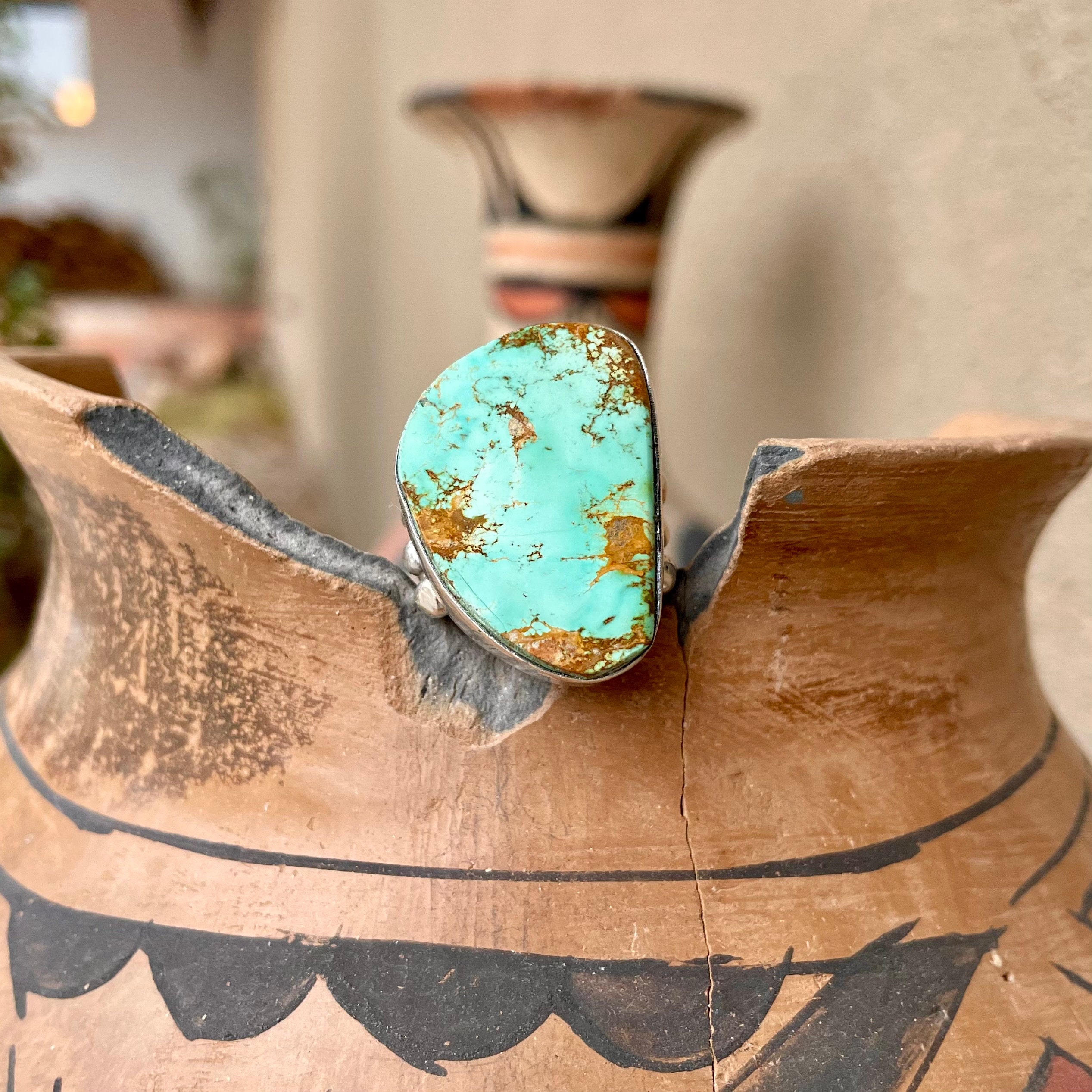 【美品】American Indian Jewelry「 Ⅱ 」「 Ⅲ 」 Navajo Paul Livingston High-Grade Turquoise Ring Size 8.25, Native