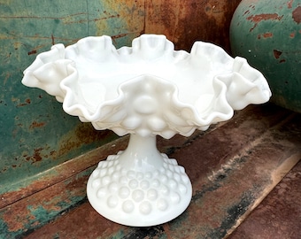 Vintage Fenton Hobnail Milk Glass Compote with Ruffled Rim, Candy Dish, 1940s Kitchen Decor