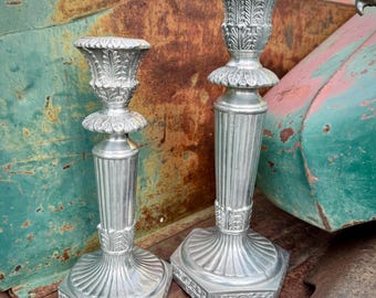 Pair of Silver Metal Heavy Candlestick Holders Laurel Leaf Design Hexagon Base, Old World