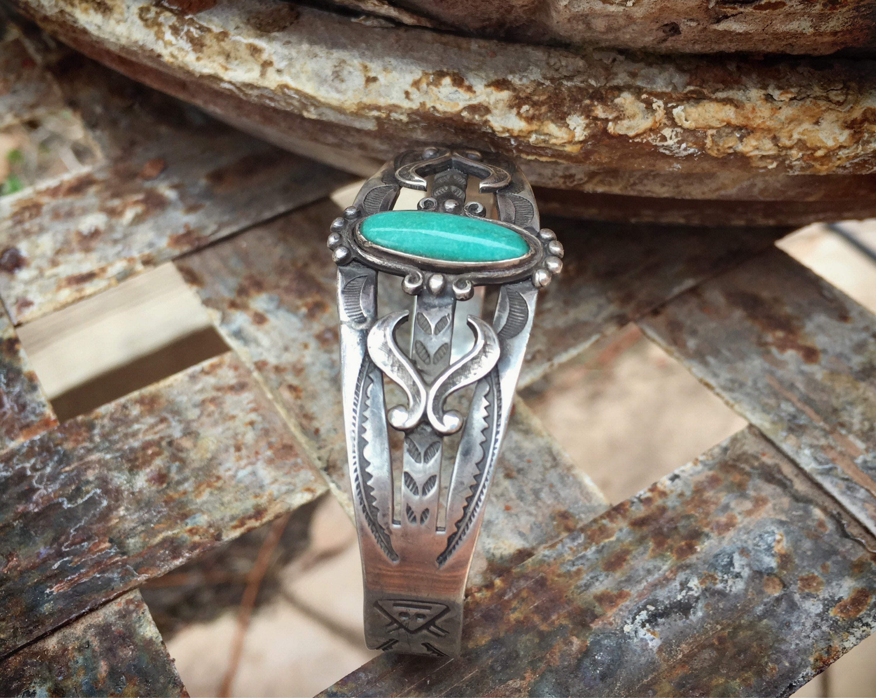 Vintage Fred Harvey IH Coin Silver Turquoise Cuff Bracelet, Stamped Arrows 15.4 Grams