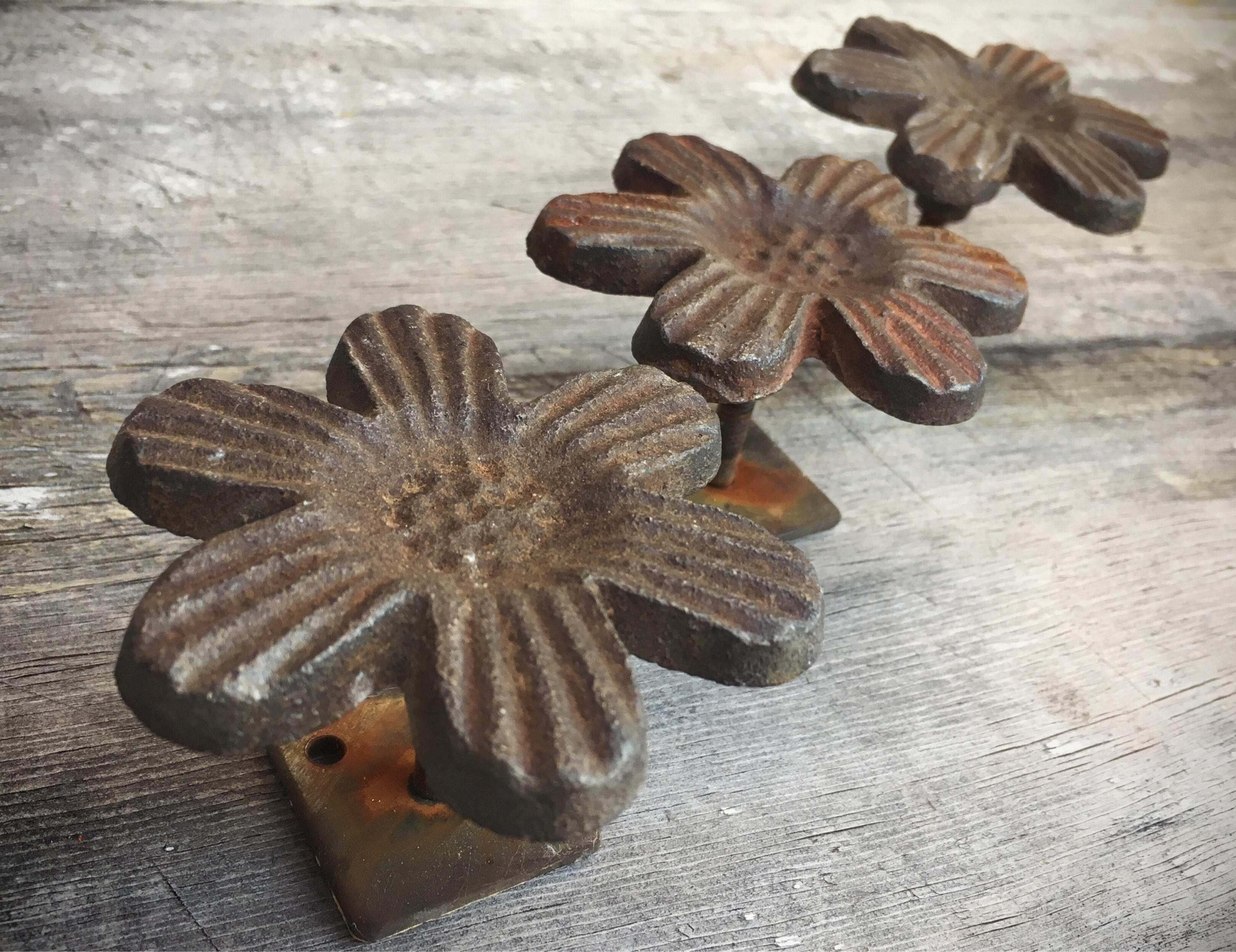 Set of Three Cast Iron Wall Mount Hooks, Flower Hooks, Architecture Salvage Farmhouse Decor