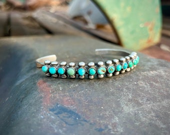 Vintage Dainty Zuni Turquoise Silver Row Bracelet Approx Size 6, Native American Jewelry