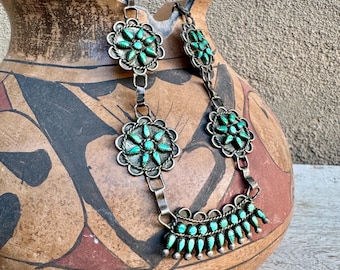 Vintage Turquoise Silver Petit Point Necklace Approximately 18", Zuni Style