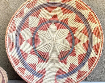 Faded and Stained Shallow Woven Basket, Bohemian Southwestern Decor, Native Style Coiled Woven, Eclectic Interior Gallery Wall Hanging