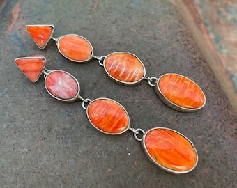 3-1/2" Long Orange Spiny Oyster Earrings by Navajo Marcella James, Native American Jewelry Women's