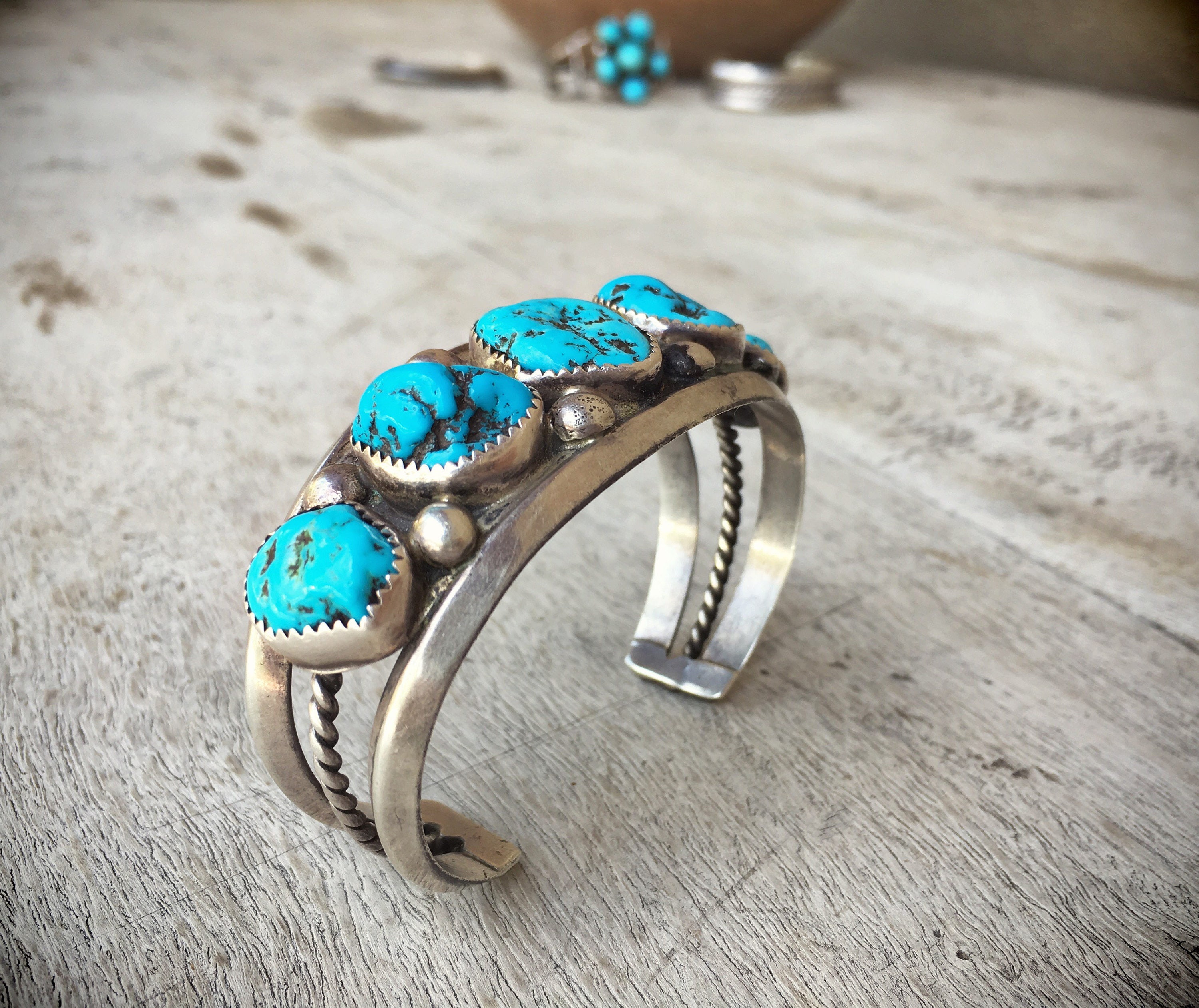 Large Native American turquoise bracelet by Navajo Jerry Roan Vintage Turquoise Jewelry
