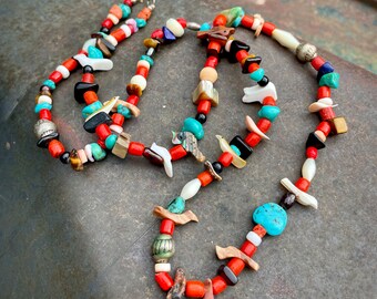 Vintage Turquoise Multicolor Fetish Bead Treasure Necklace Approx 26", Southwestern Jewelry