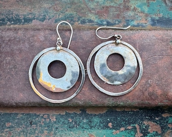 Vintage Silpada Sterling Silver Double Circle Hoop Earrings, Southwestern Dangles