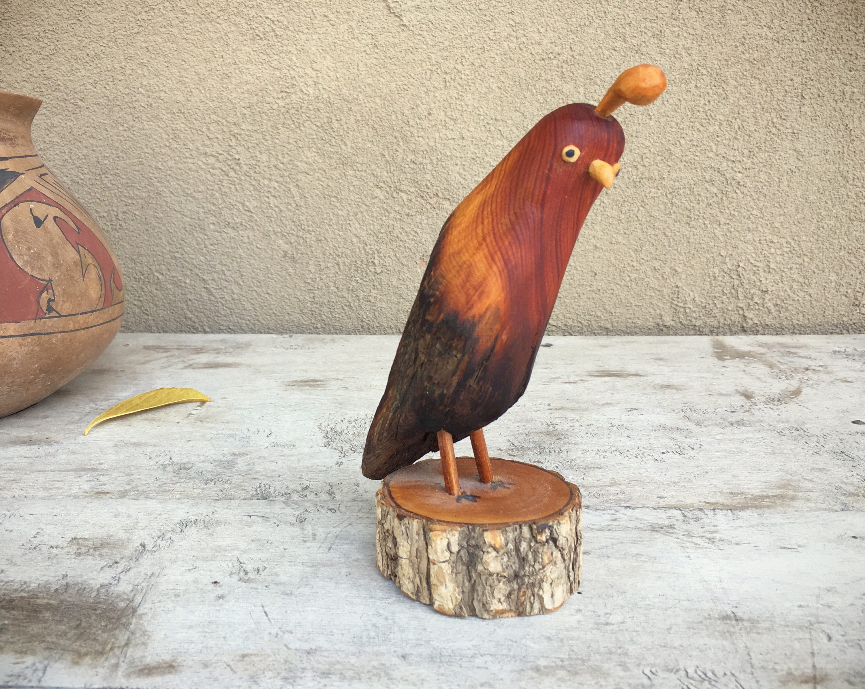 Vintage Hand Carved Quail Figurine Wood Carving Folk Art, Rustic Cabin Decor