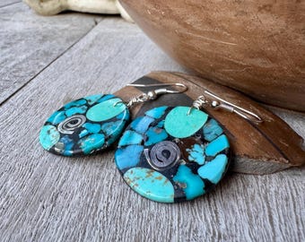Santo Domingo Daniel Coriz Turquoise Inlay Round Earrings, Silver Spiral