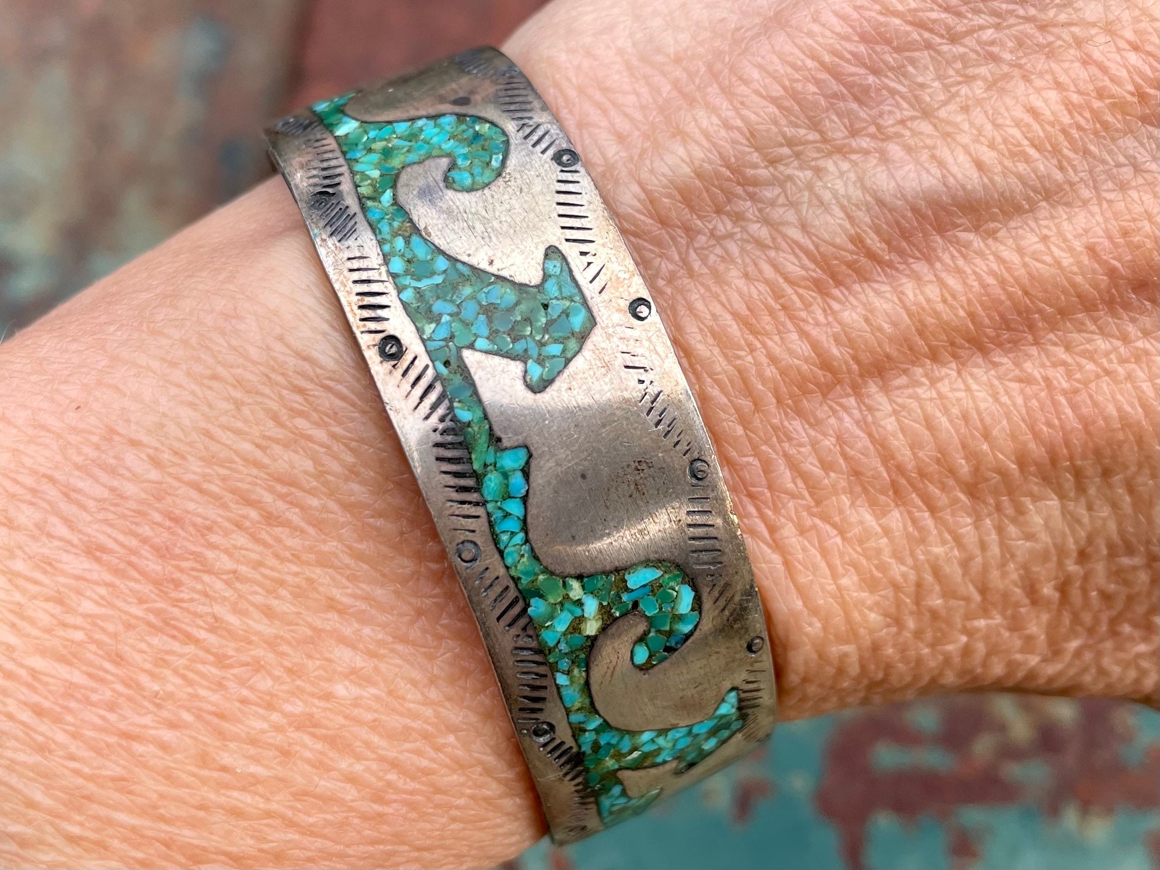 Wide Hand Tooled Vintage Native American Navajo Turquoise Coral Wave Sterling Silver Bracelet Wide Hand Tooled Vintage Native American Navajo Turquoise Coral Wave Sterling Silver Bracelet