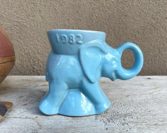 1982 Frankoma Pottery Blue Glaze Political Mug GOP Elephant, Vintage Kitchen Decor