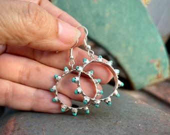 Sterling Silver 1" Diameter Hoop Earrings w/ Turquoise Snake Eye Dots, Medium-Small, Zuni Native American Jewelry Women's, NFR Rodeo Style