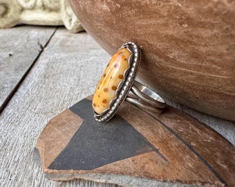 Vintage Silver Yellow Spotted Gemstone Ring Size 7, Dalmation Jasper, Southwestern Jewelry