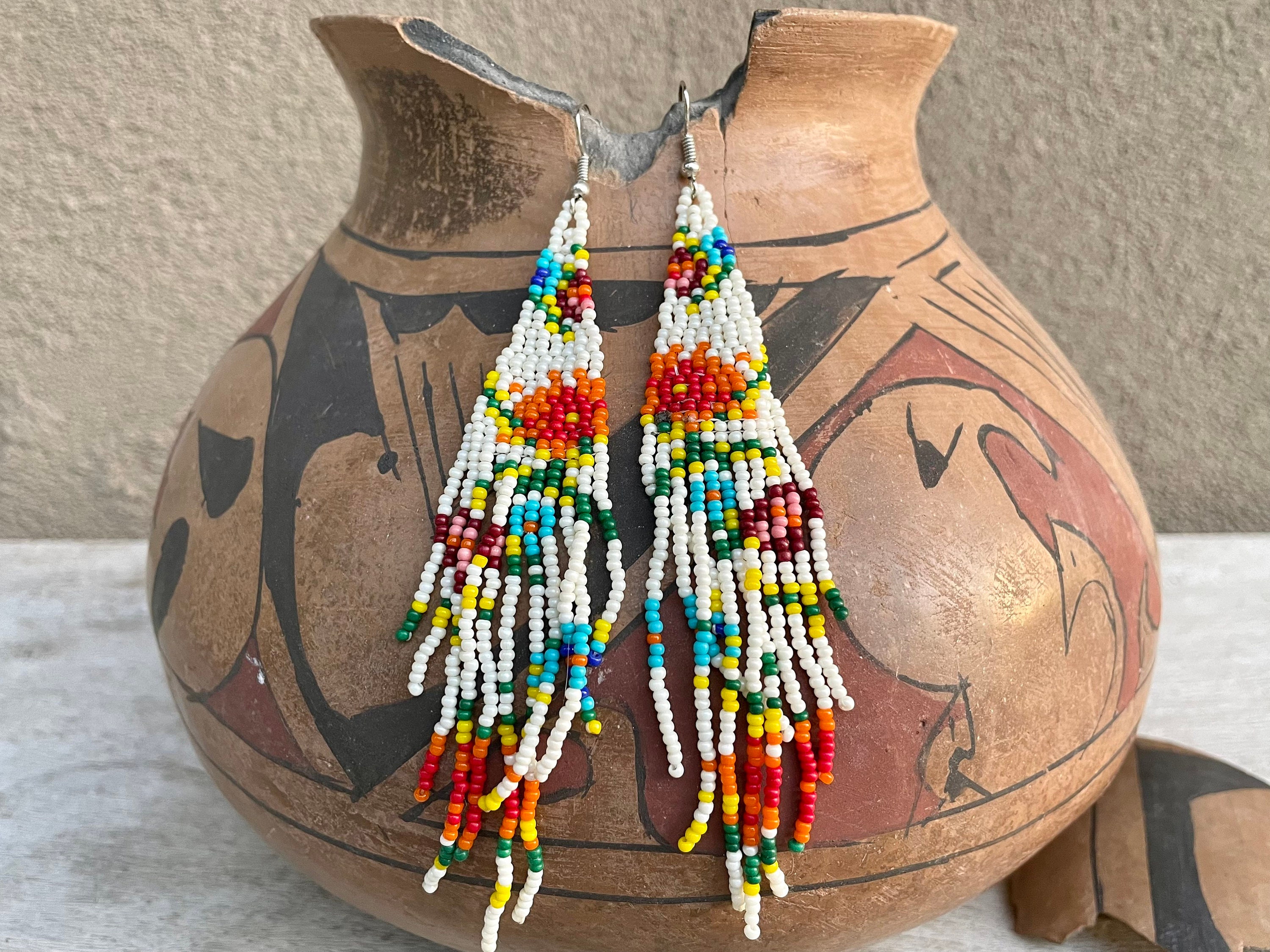 Long Loom Beaded Earrings with Fringe Colorful Design, White with