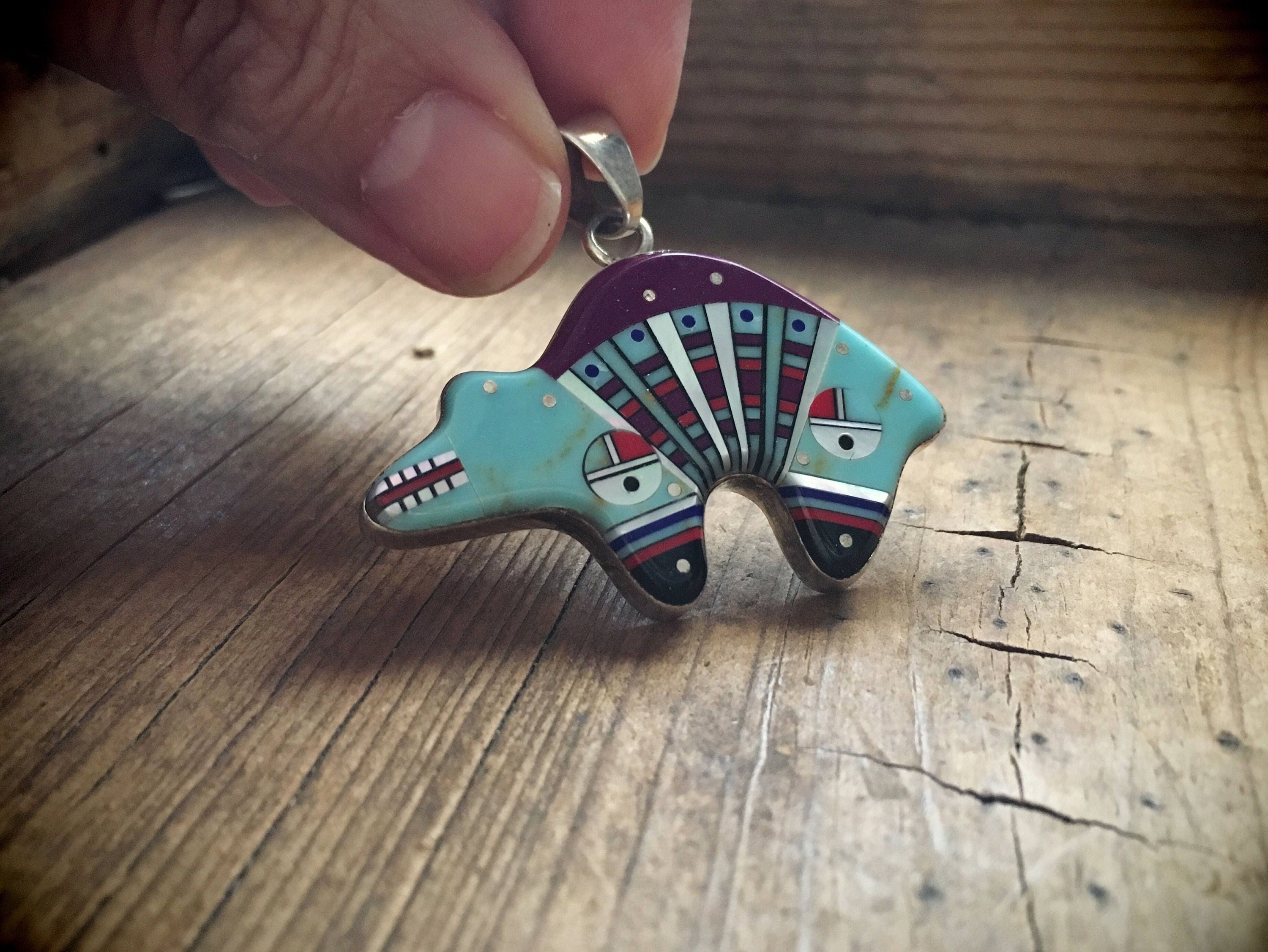 Vintage sterling silver turquoise bear necklace pendant micro inlay ...