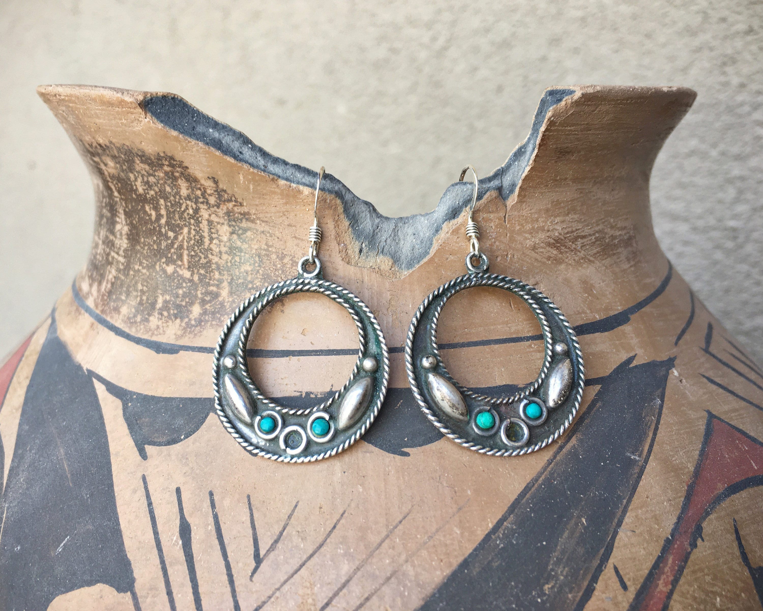 Vintage 1 Diameter Mexican Hoop Earrings with Turquoise and Sterling ...