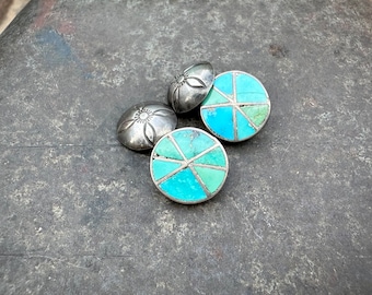 Fred Harvey Era Turquoise Channel Inlay & Silver Cufflinks, Zuni Pie Wheel, Native American