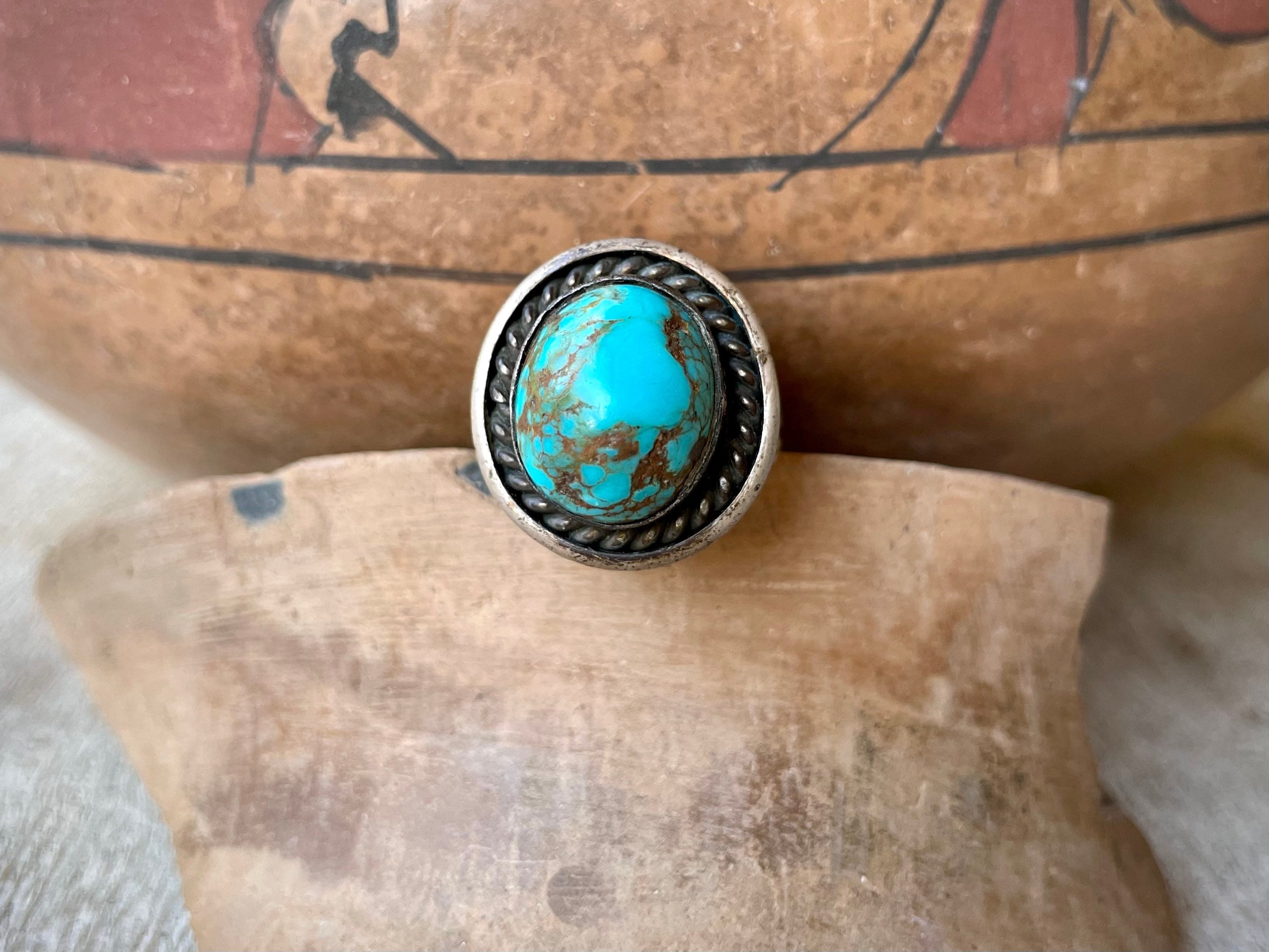 Rare Earlier Vintage Native American Navajo Domed Green Turquoise Sterling Silver Ring Old Rare Earlier Vintage Native American Navajo Domed Green Turquoise Sterling Silver Ring Old