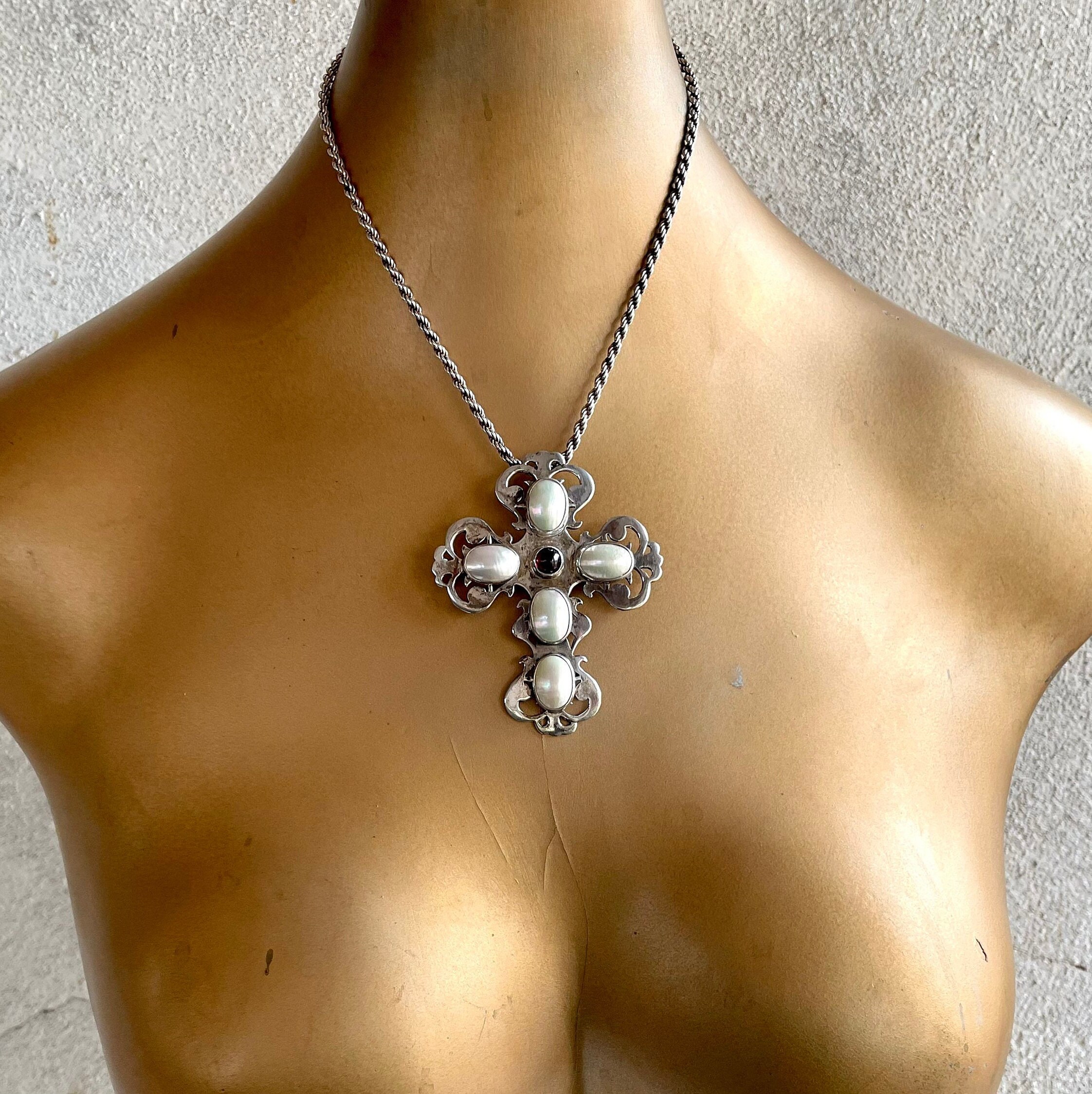 Garnet and Pearl Cross Necklace - small Garnet and Pearl Cross Necklace - small