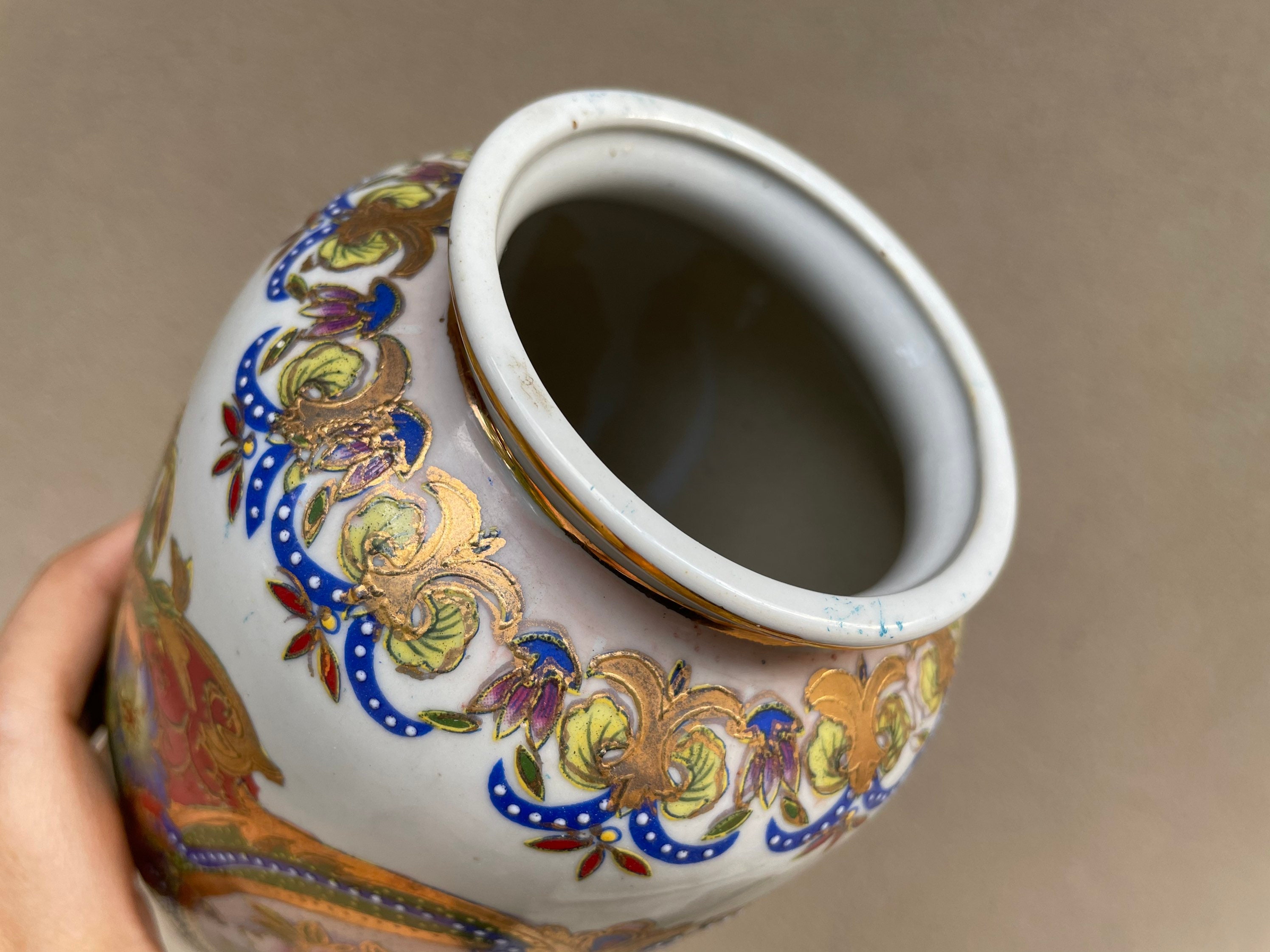 Vintage Japanese Porcelain Satsuma Gilded Vase, Raised Design Floral