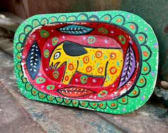Small Vintage Guatemalan Wood Trinket Dish with Colorful Dog Design, Primitive Folk Art