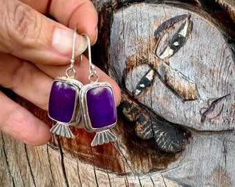 Sterling Silver Purple Sugilite Dangle Earrings in Traditional Navajo Design (One Stone Recessed)