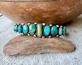 Old Turquoise Row Bracelet Approx Row Bracelet Approx 7", Native America Indian Jewelry Men's, Old Pawn, Southwestern Western Ranch Style