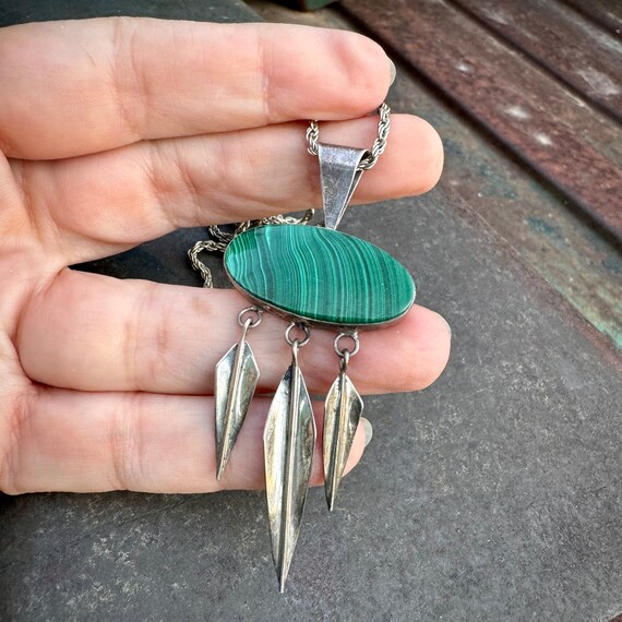 Vintage Green Striated Malachite Sterling Silver … - image 3