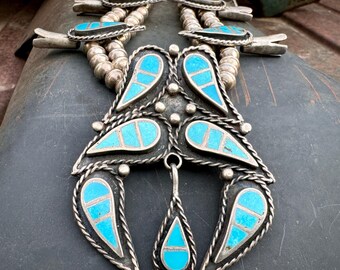 Vintage Turquoise Channel Inlay Squash Blossom Necklace Zuni Style Four Petal Circa 1950s