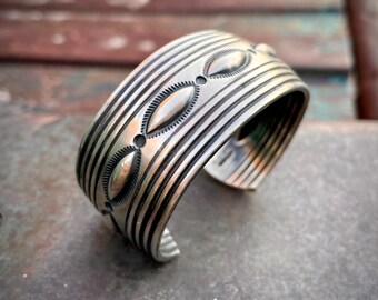 Navajo Steven Arviso Sterling Silver Repousse Cuff Bracelet Size 6.25", Native American Indian Jewelry for Small Wrist, Rodeo Style Fashion