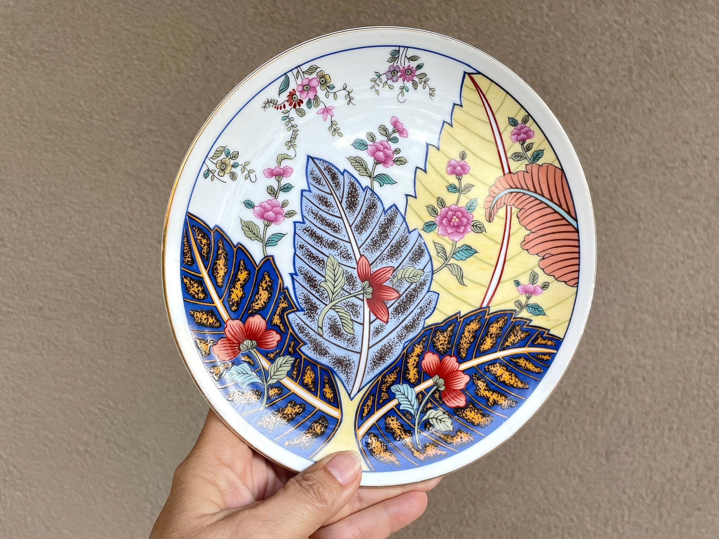 Four Vintage Tobacco Leaf Pattern Porcelain 7.5 Salad Plates by Mann