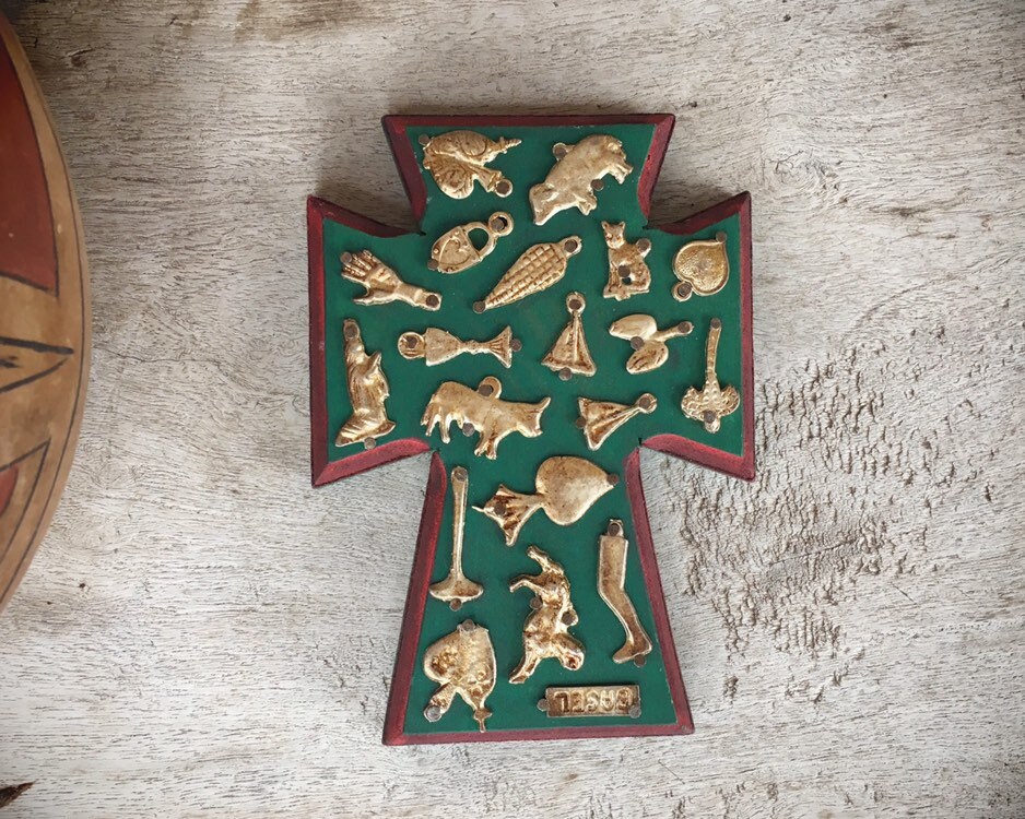 Vintage Mexican Milagro Cross, Mexican Folk Art Amulets on Wooden Cross