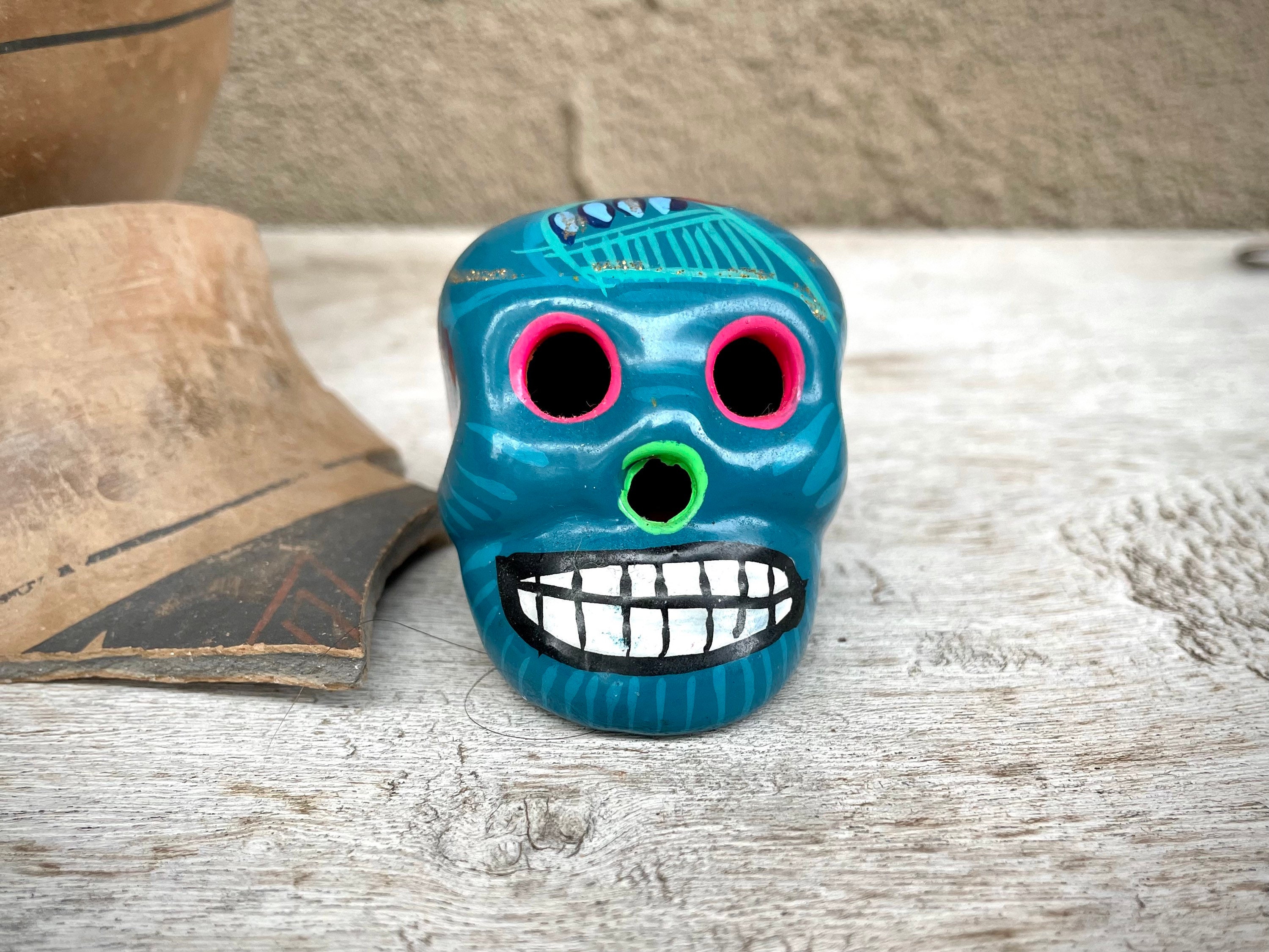 Very Small Colorful Ceramic Skull Day of the Dead Figurine, Cool Desk ...