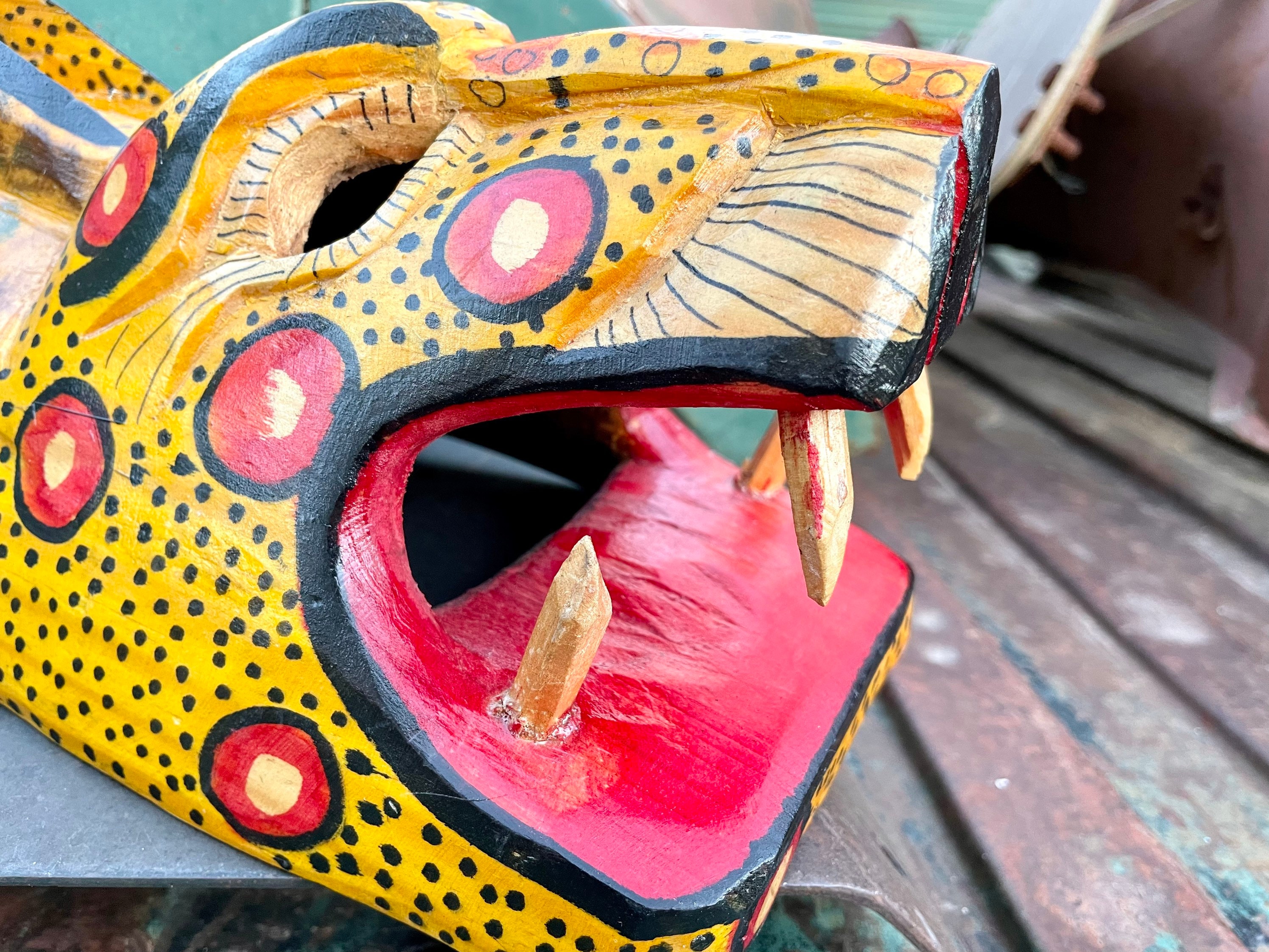 Carved Painted Vintage Mexican Wooden Mask of Jaguar Tigre, Mexico Folk